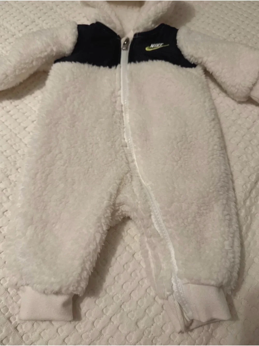 Nike White Fleece Hooded Baby One-Piece with Black Chest Panel